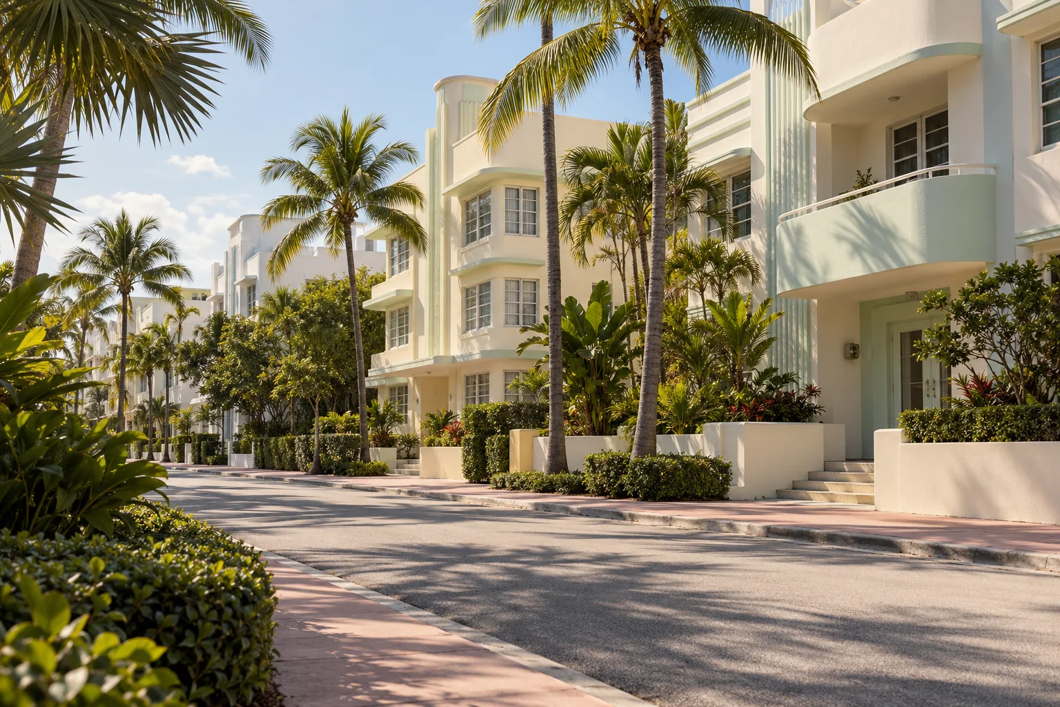 Representative Miami Beach inspired street with pale stucco architecture and palms