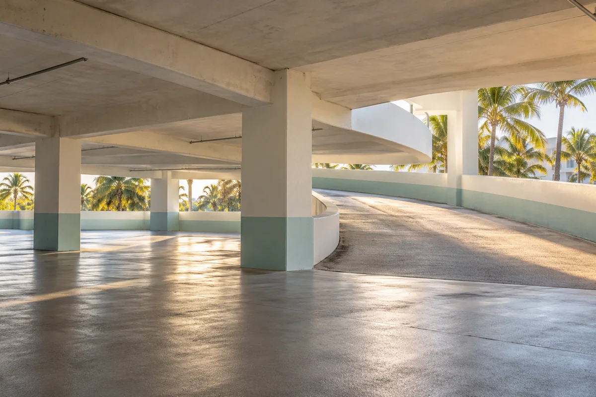 Representative Miami Beach parking structure with an open vehicle entrance