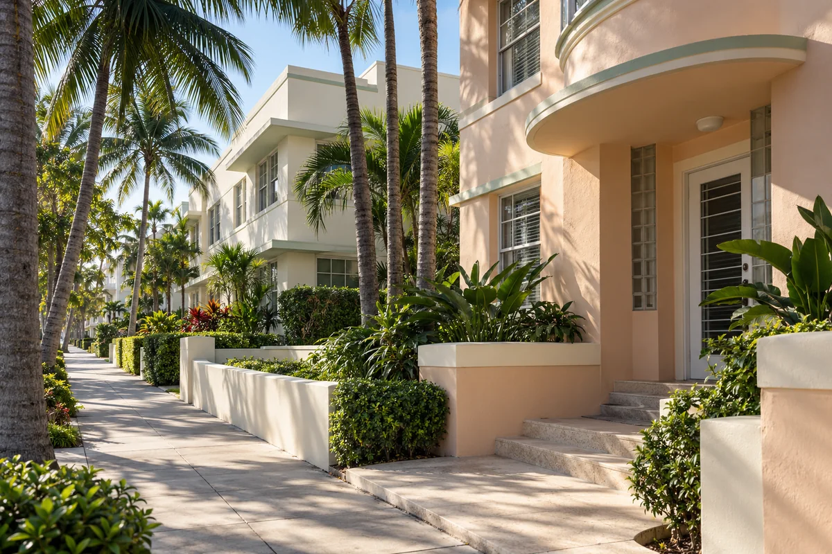 Representative Miami Beach inspired entrance or residential street setting